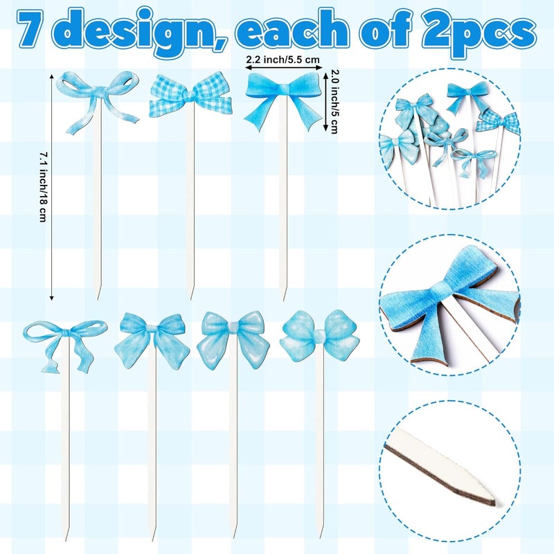 TICIAGA Blue Bow Wooden Pick - 14PCS Blue Bow Tie Double-sided Wooden Decorative Pick for Home Vase Filler Butterfly Knot Floral Wood Decorative Stick for Farmhouse Coquette Theme Decorations for Home - Image 2